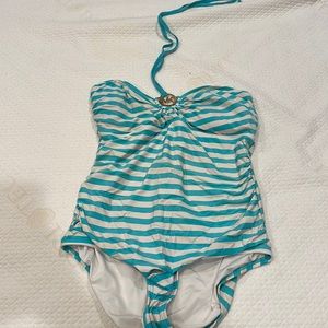 Michael kohl’s teal and white stripped bathing suit